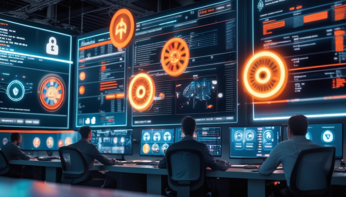 Analis keamanan memantau sistem perlindungan data digital di pusat operasi siber modern.