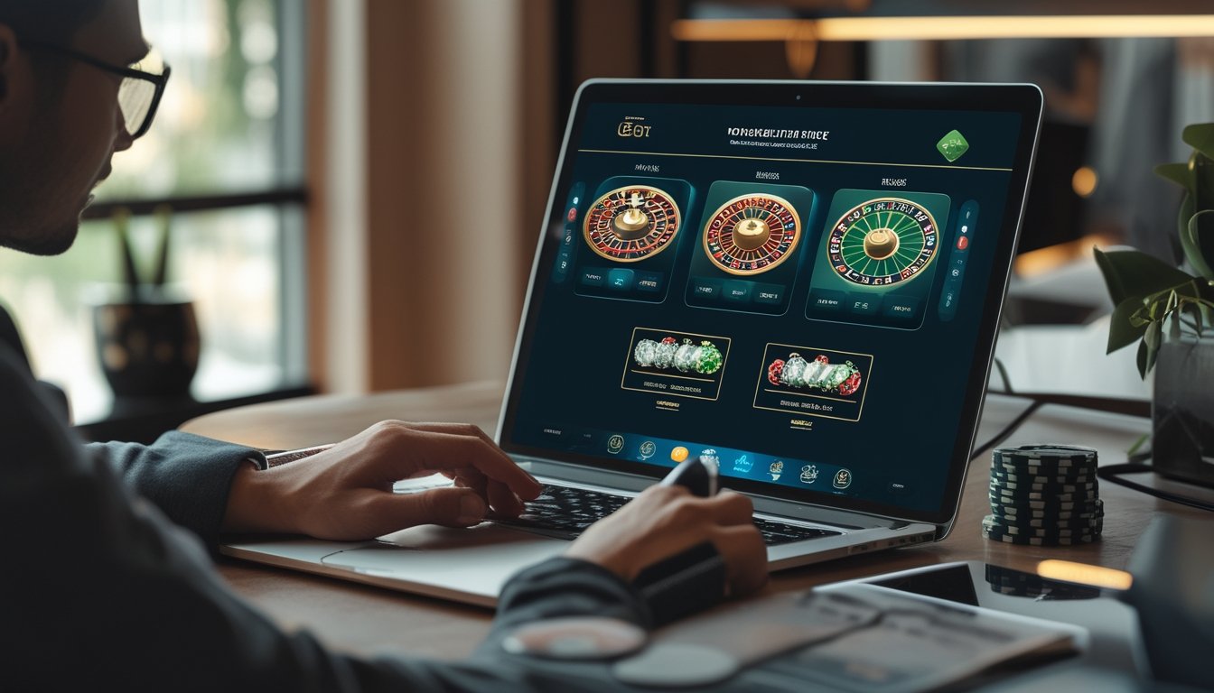 Seseorang membandingkan beberapa pilihan meja kasino virtual di laptop pada meja kerja modern.