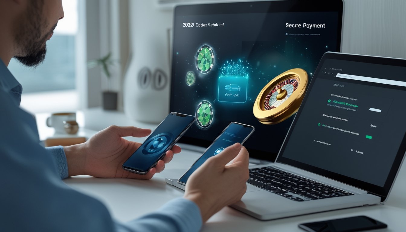 Seseorang menggunakan dompet digital di ponsel untuk transaksi pada laptop dengan nuansa kasino online.