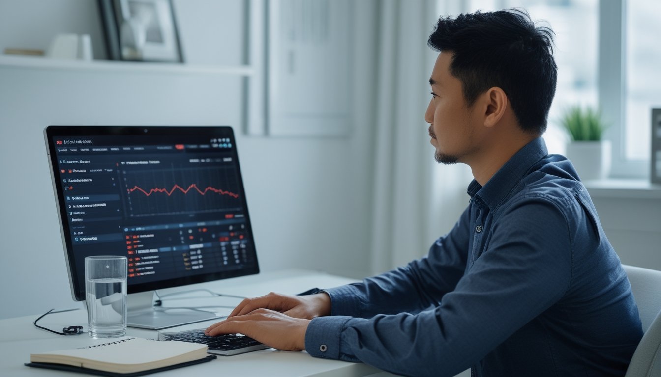 Seseorang duduk tenang di meja kerja sambil mengamati data pertandingan olahraga di laptop.