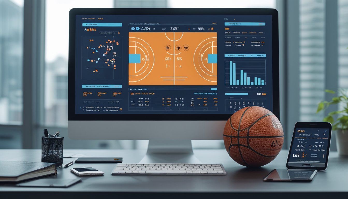 Meja kerja analis olahraga dengan bola basket, komputer, dan grafik statistik pertandingan.