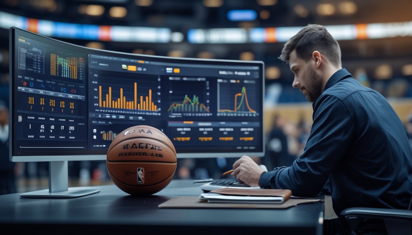Analis olahraga menganalisis grafik statistik bola basket di depan layar komputer dengan bola basket di atas meja.