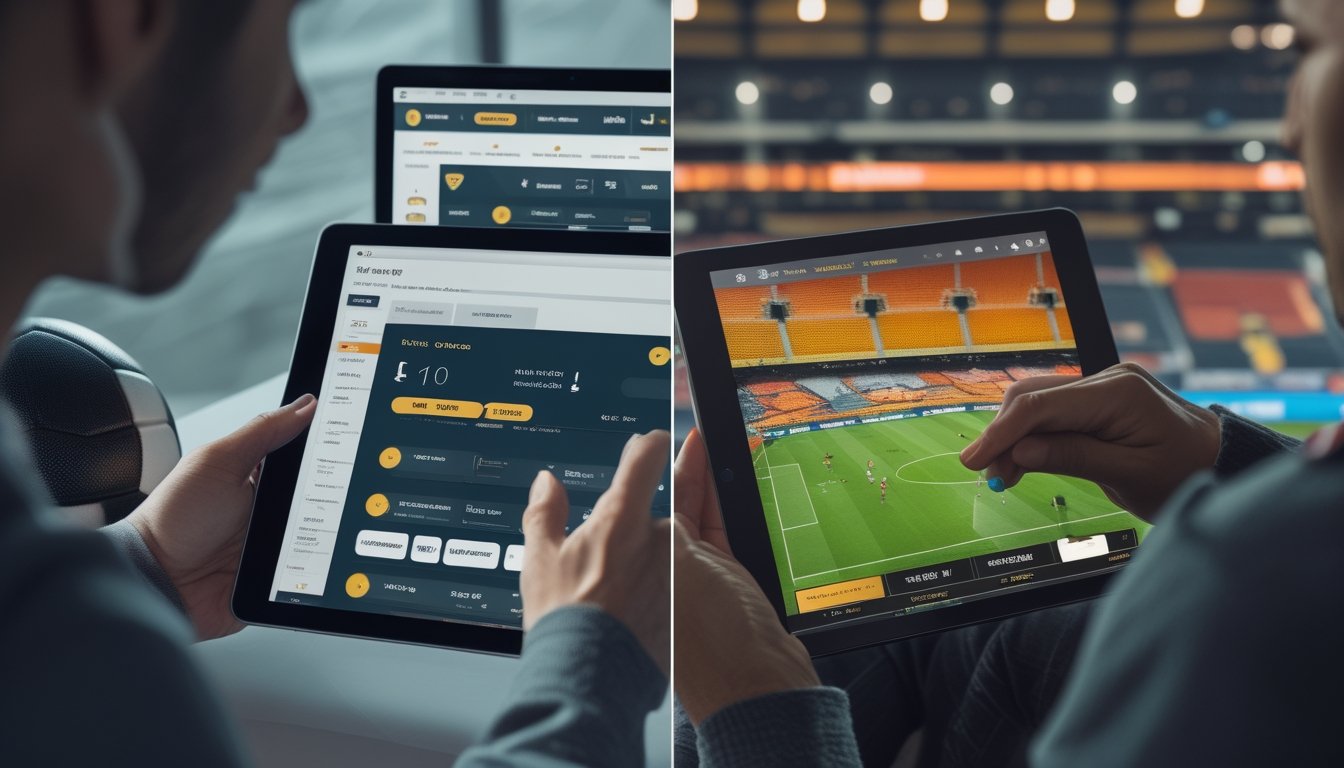 Perbandingan suasana analisis taruhan sebelum pertandingan dan keputusan langsung saat pertandingan sepak bola berlangsung.