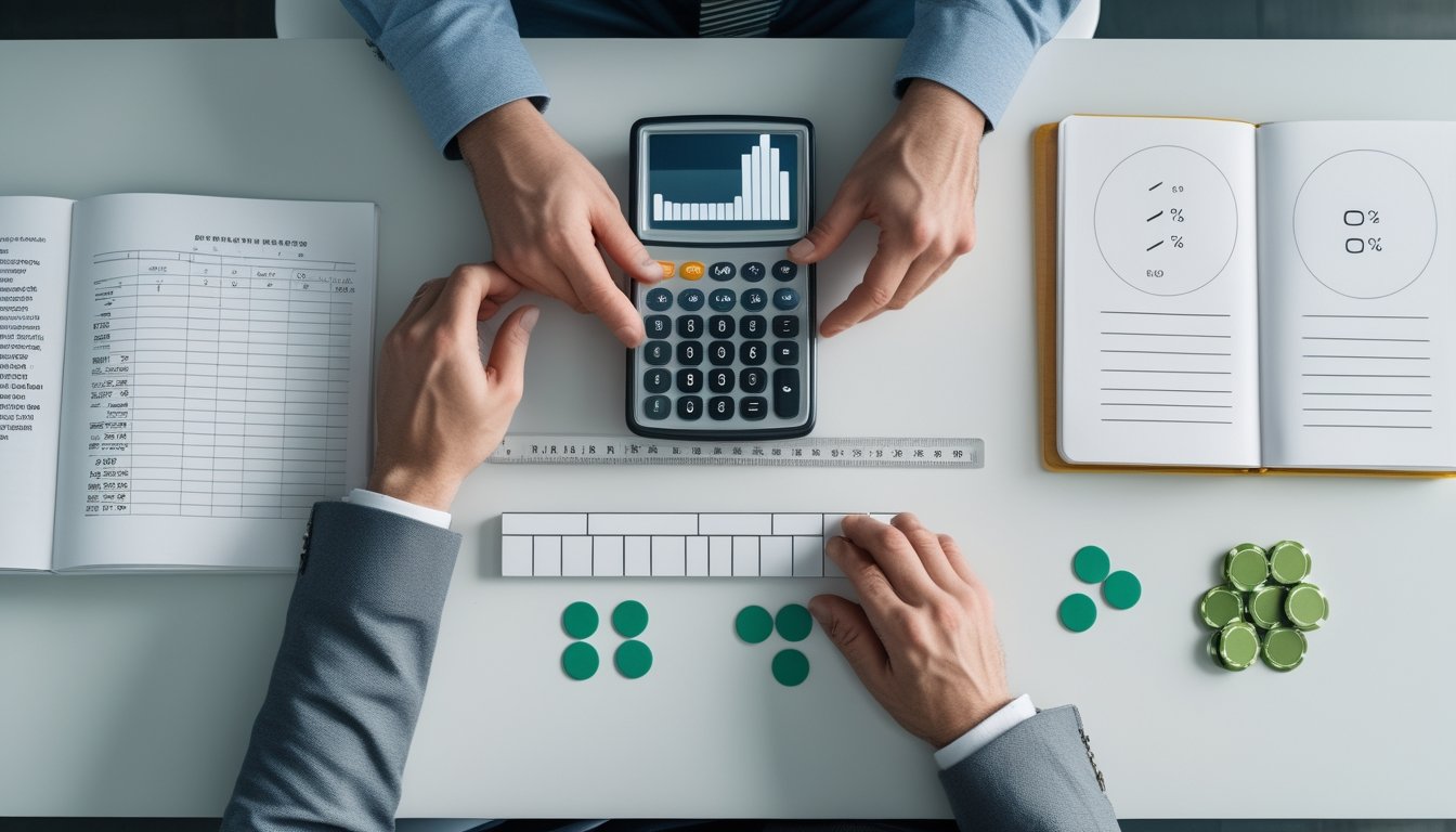 Tangan seorang analis menghitung potensi kemenangan dengan kalkulator, laptop, token, dan buku catatan di meja kerja.