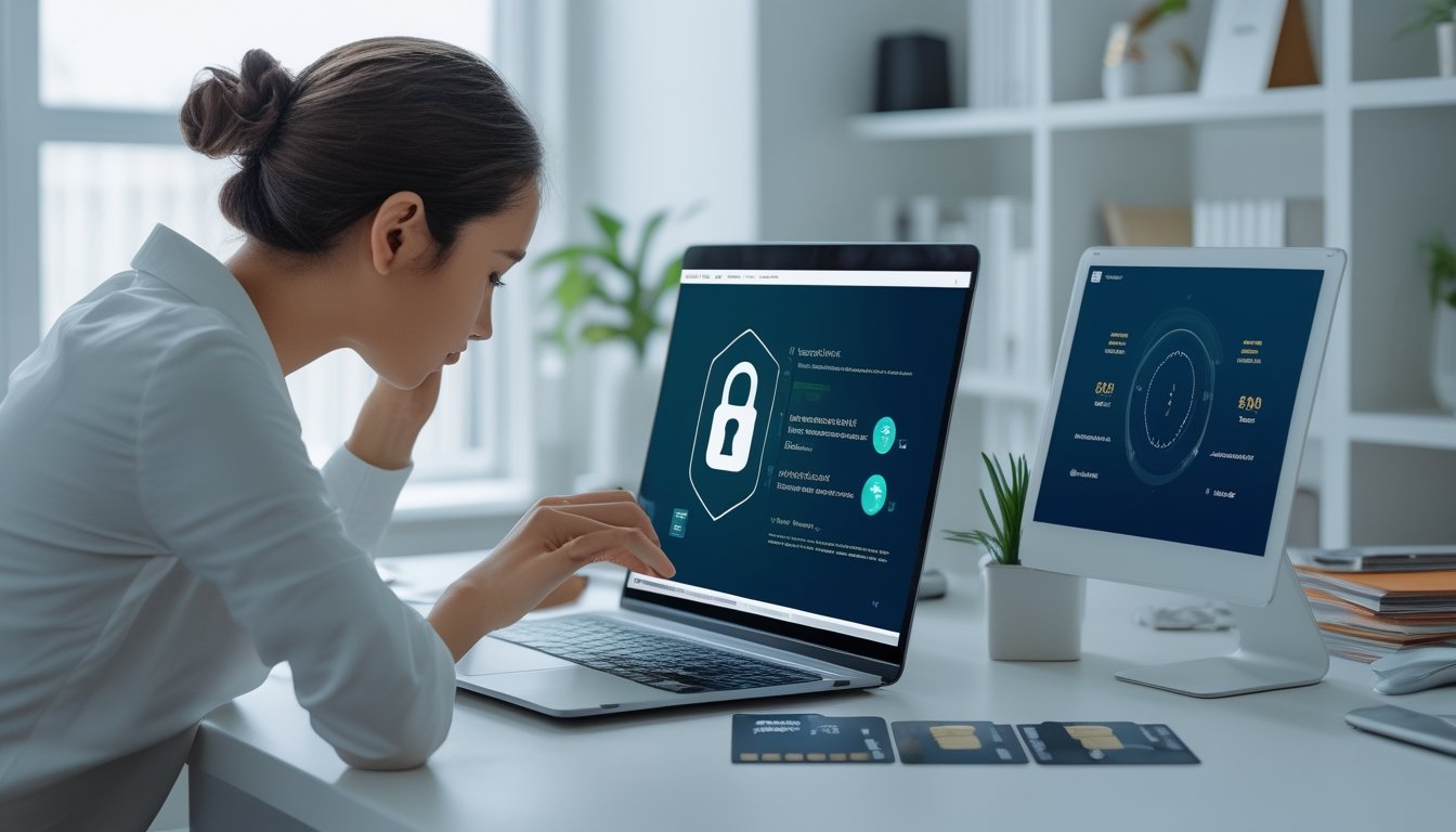 Seseorang memeriksa transaksi keuangan digital yang aman di laptop dan ponsel.