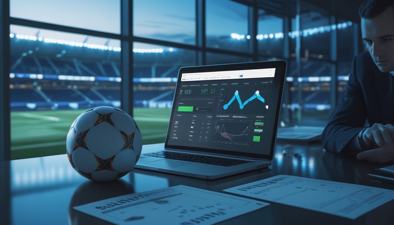 Seorang analis mempelajari strategi pertandingan sepak bola di ruang kerja modern dengan stadion yang terlihat di latar belakang.