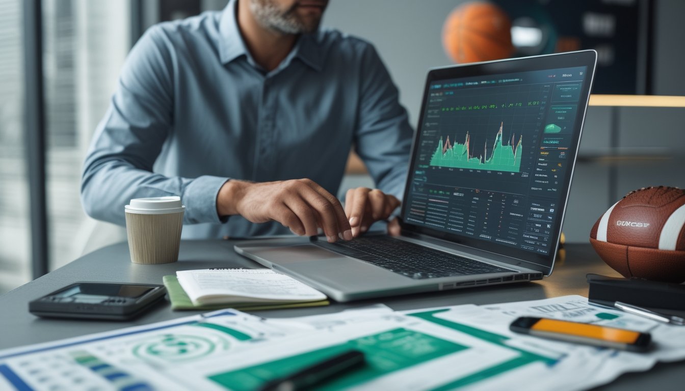 Seorang analis dewasa mempelajari data olahraga dan indikator risiko di laptop dalam ruang kerja modern.