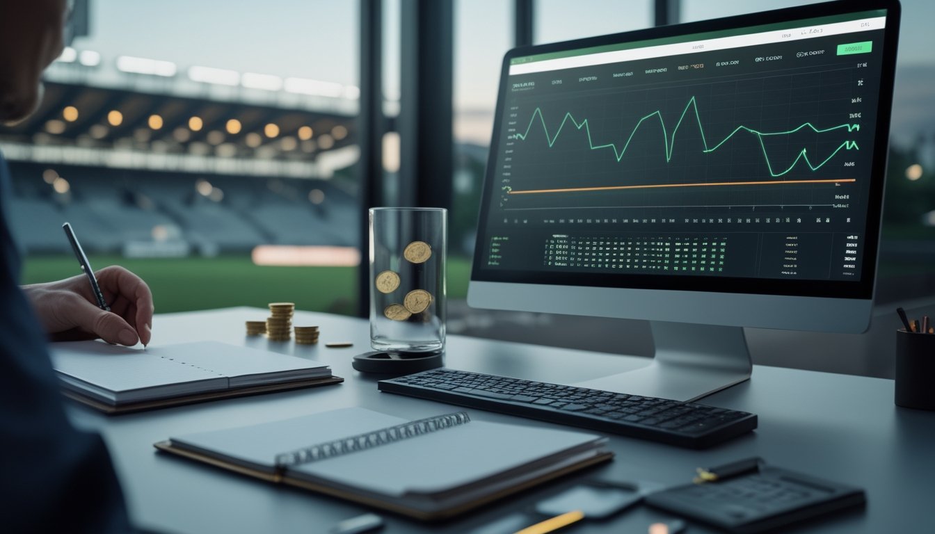 Ruang kerja dengan laptop berisi grafik analisis olahraga, kalkulator, buku catatan kosong, dan koin di depan stadion yang samar.