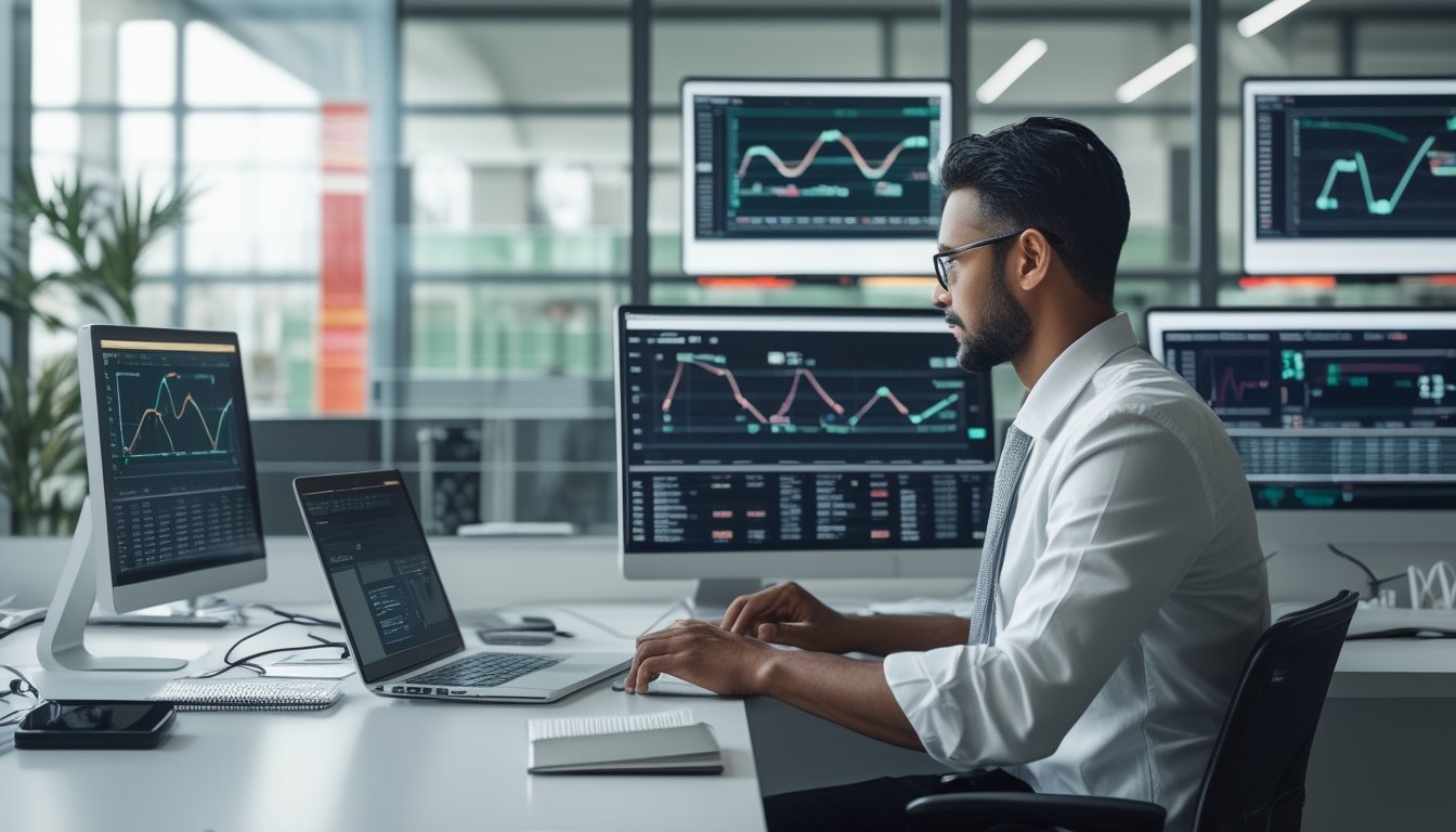 Seorang analis mempelajari statistik olahraga dan perbandingan data di meja kerja modern.