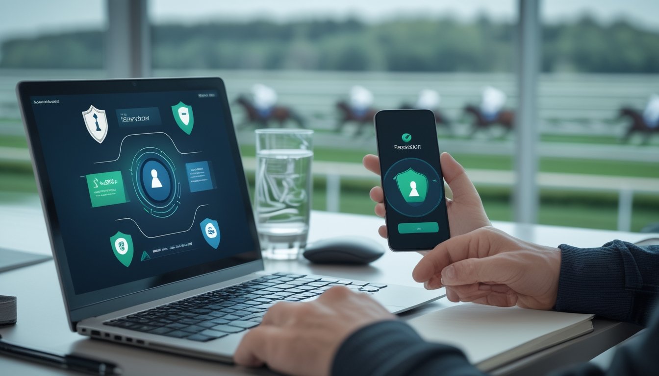 Seseorang memeriksa transaksi digital yang aman di laptop dan ponsel dengan latar arena balap kuda.