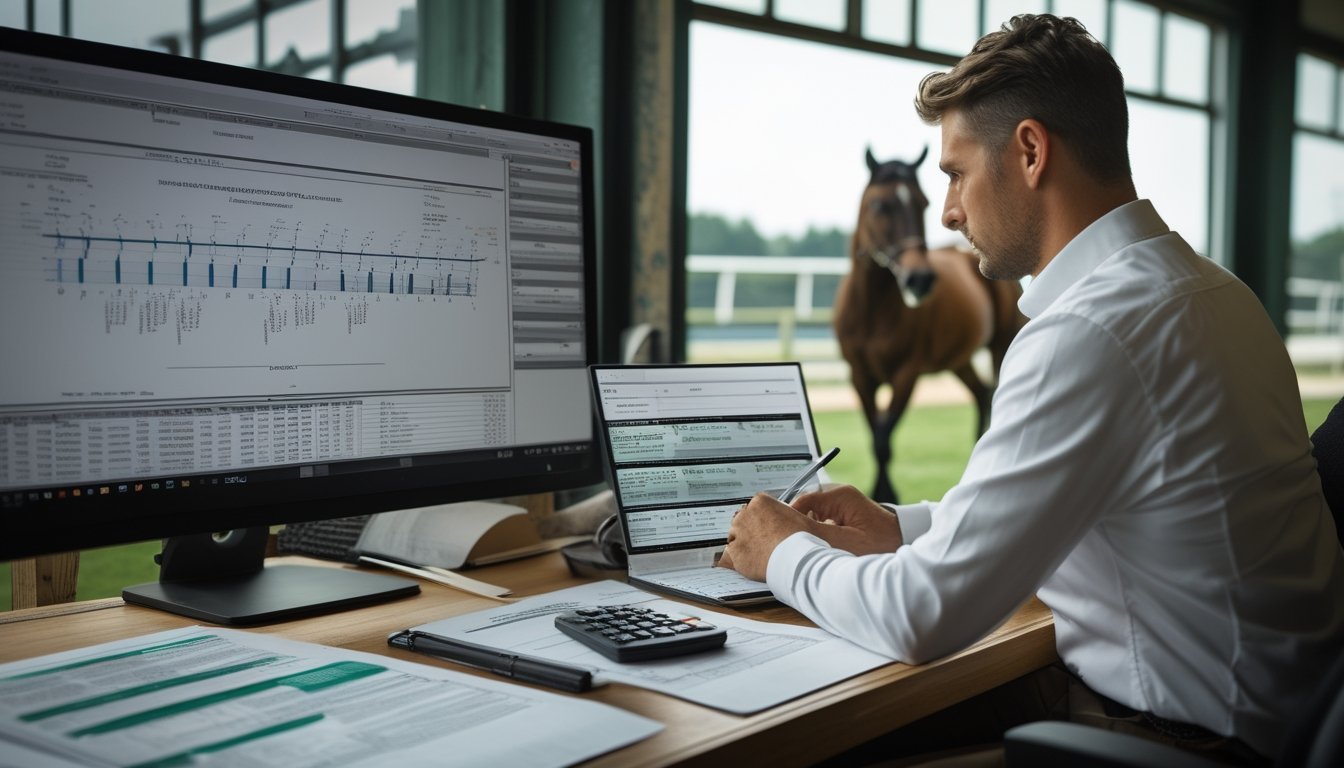 Seorang analis memeriksa data silsilah dan performa kuda di ruang kerja dekat kandang kuda.