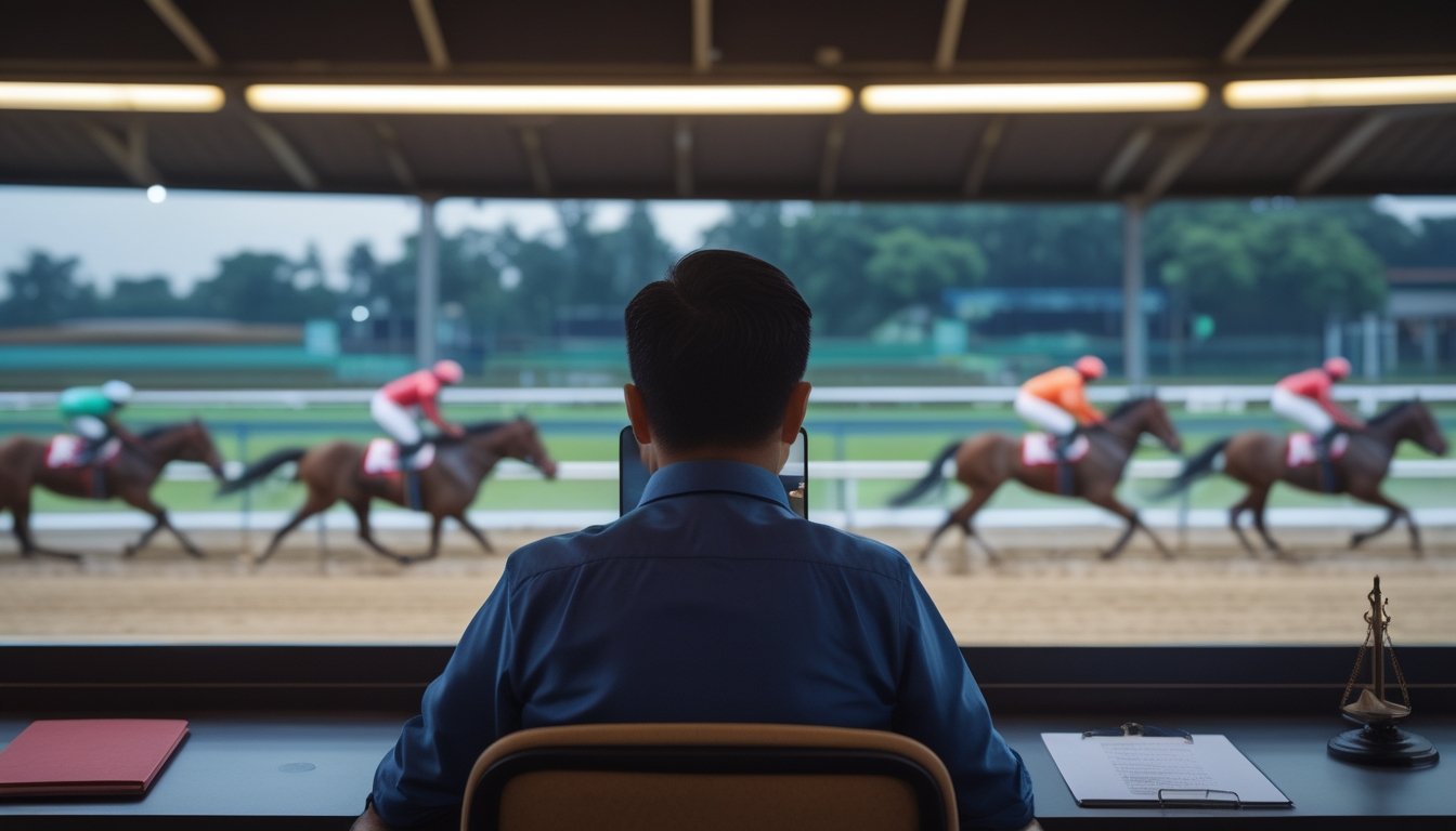 Seseorang melihat ponsel di dekat lintasan balap kuda dengan suasana yang menunjukkan kewaspadaan terhadap risiko taruhan.