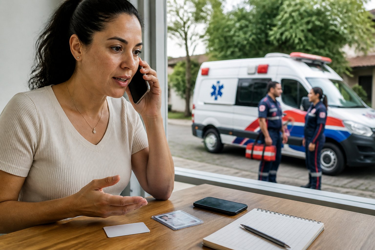 Pessoa solicita por telefone uma ambulância sanitária enquanto profissionais aguardam junto ao veículo.