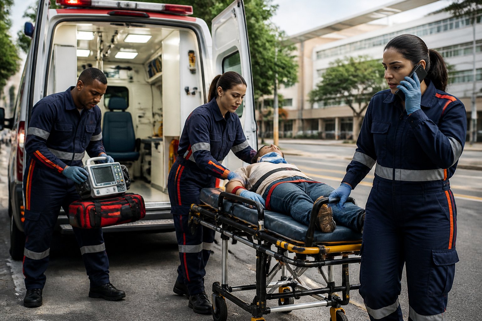 Ambulância SAMU: quando ligar para o 192 2 Equipe do SAMU atende um paciente em uma maca e o conduz para uma ambulância diante de um hospital.