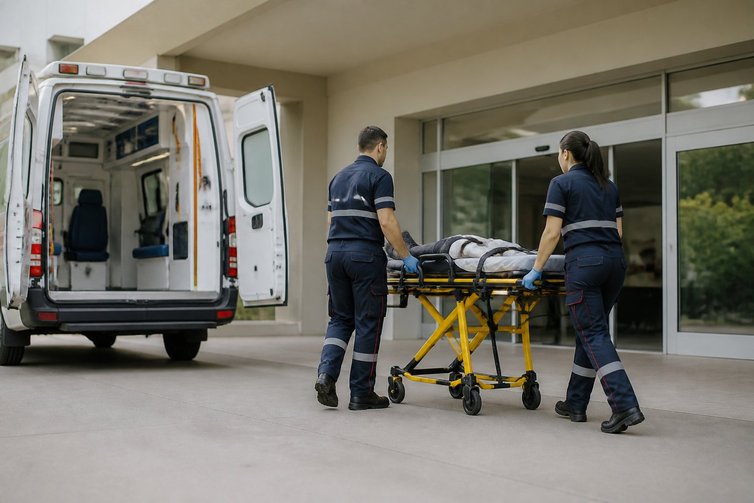 Ambulância em frente a um pronto-socorro enquanto profissionais conduzem uma maca para dentro do hospital.
