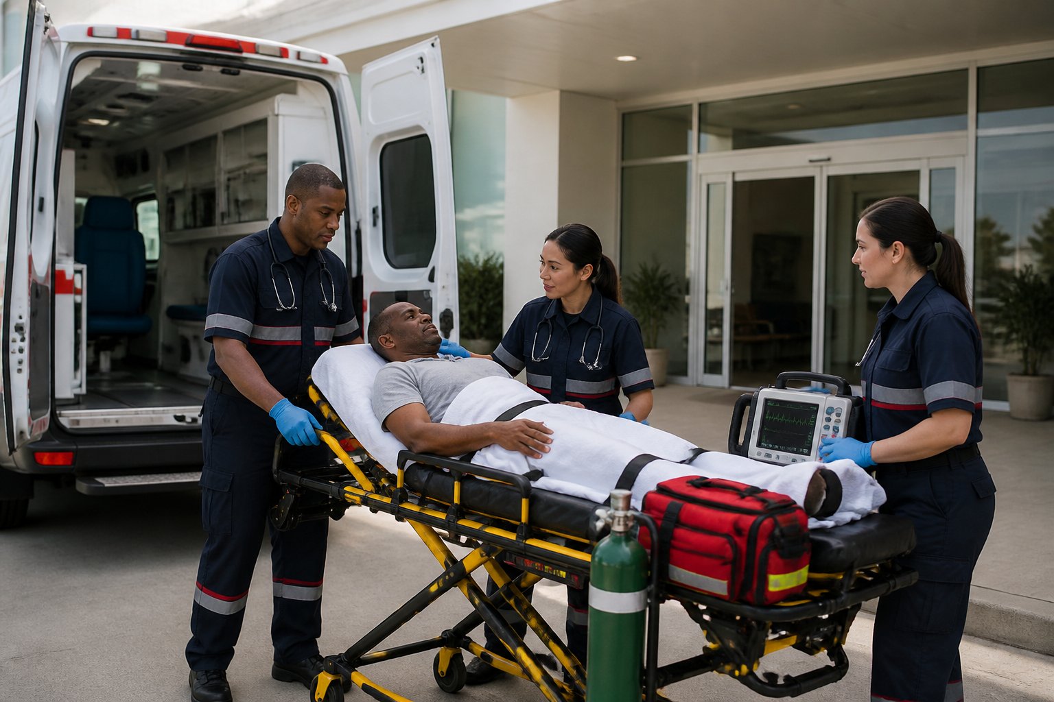 Paramédicos avaliam um paciente em uma maca ao lado de uma ambulância.
