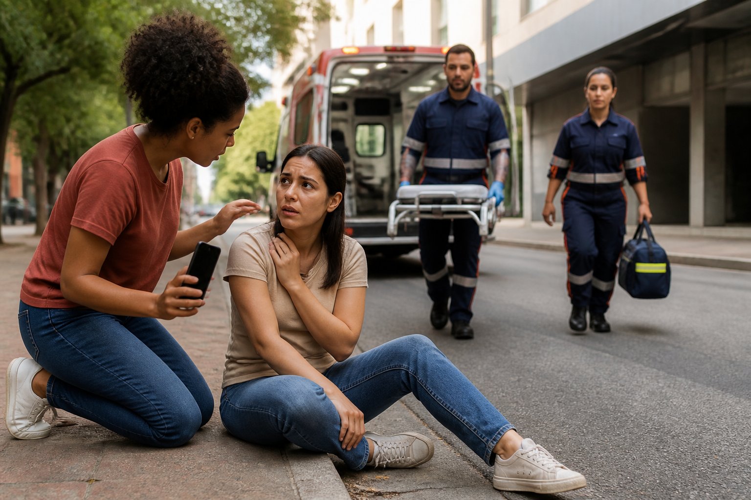 Pessoa recebe ajuda enquanto profissionais de saúde chegam de ambulância.