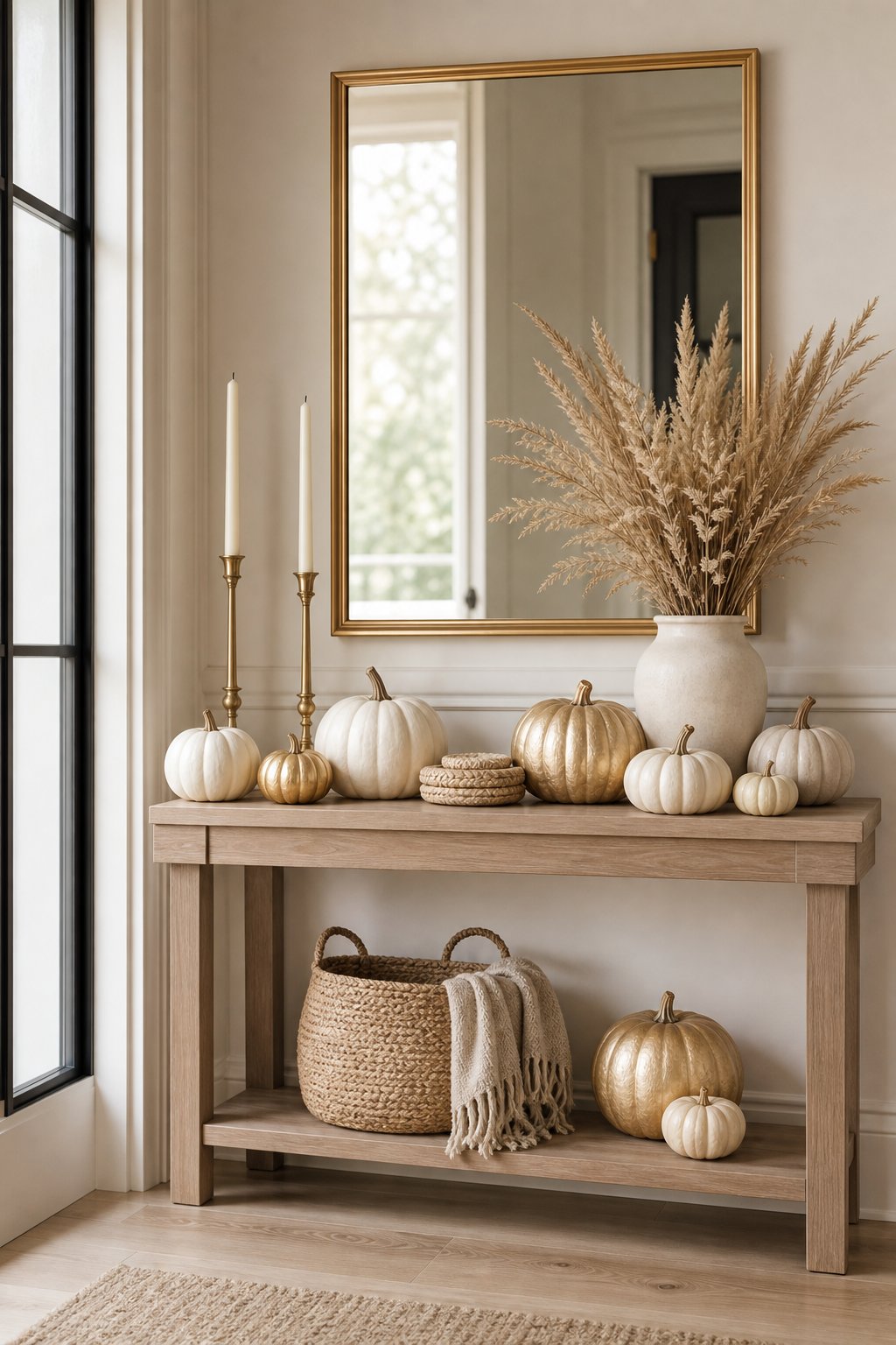 A neutral entryway console table decorated with white pumpkins, gold accents, candles, and dried grasses.