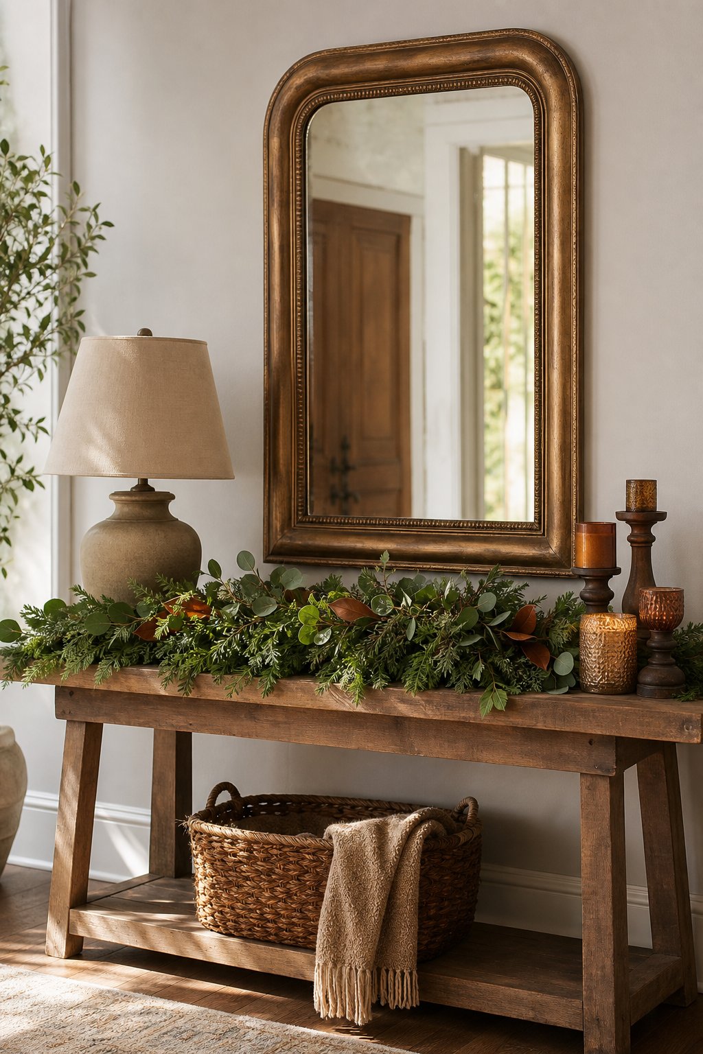 An entryway table beneath an antique brass mirror decorated with a low greenery garland and subtle autumn accents.
