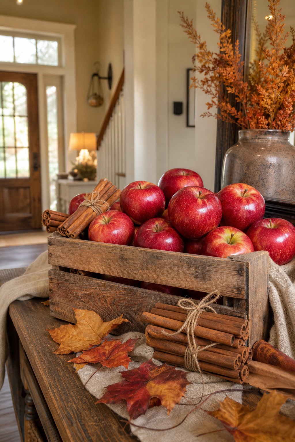 A rustic crate of red apples and bundled cinnamon sticks arranged on a fall entryway table.
