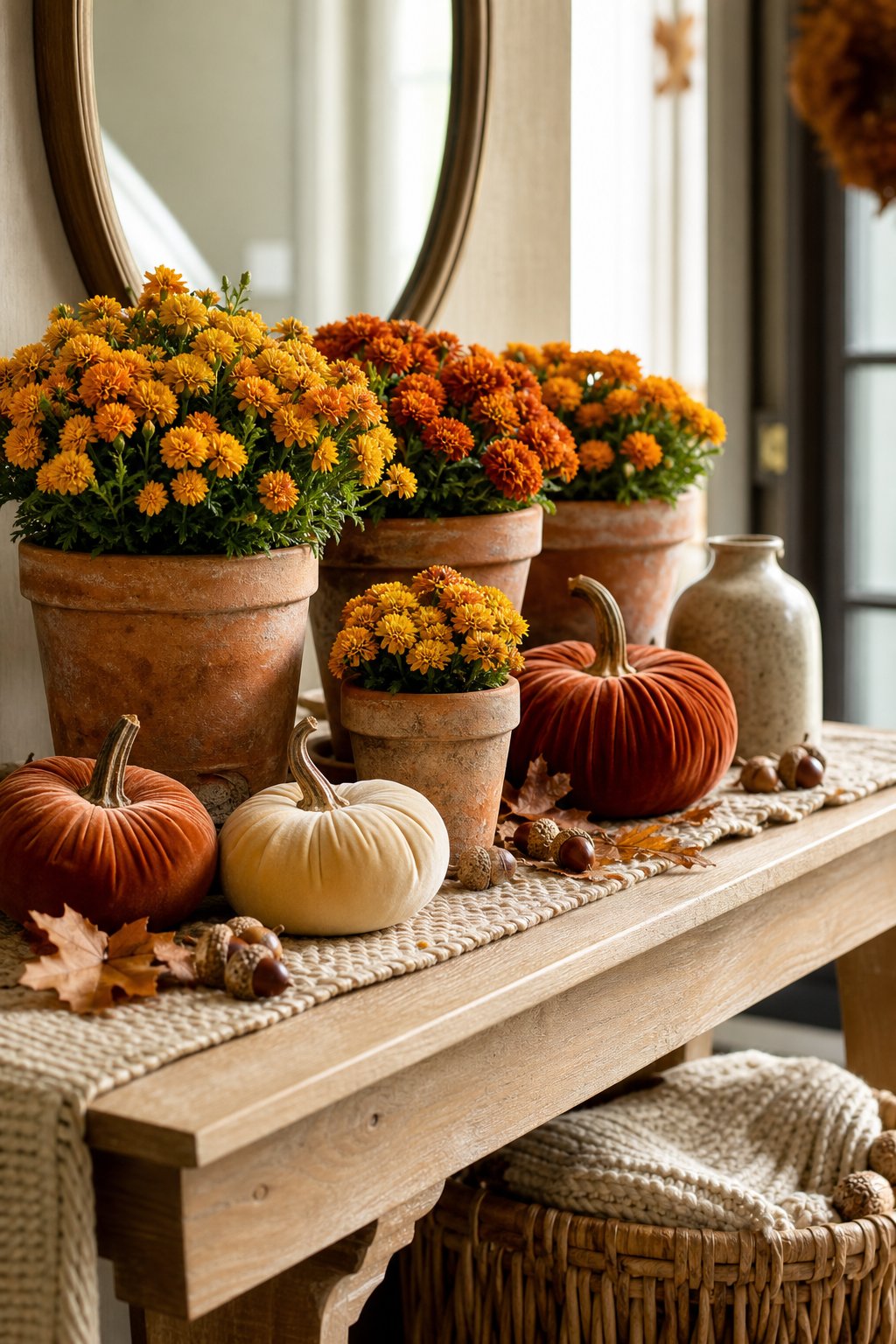 Terracotta pots of marigolds, acorns, and velvet pumpkins arranged on an entryway table.