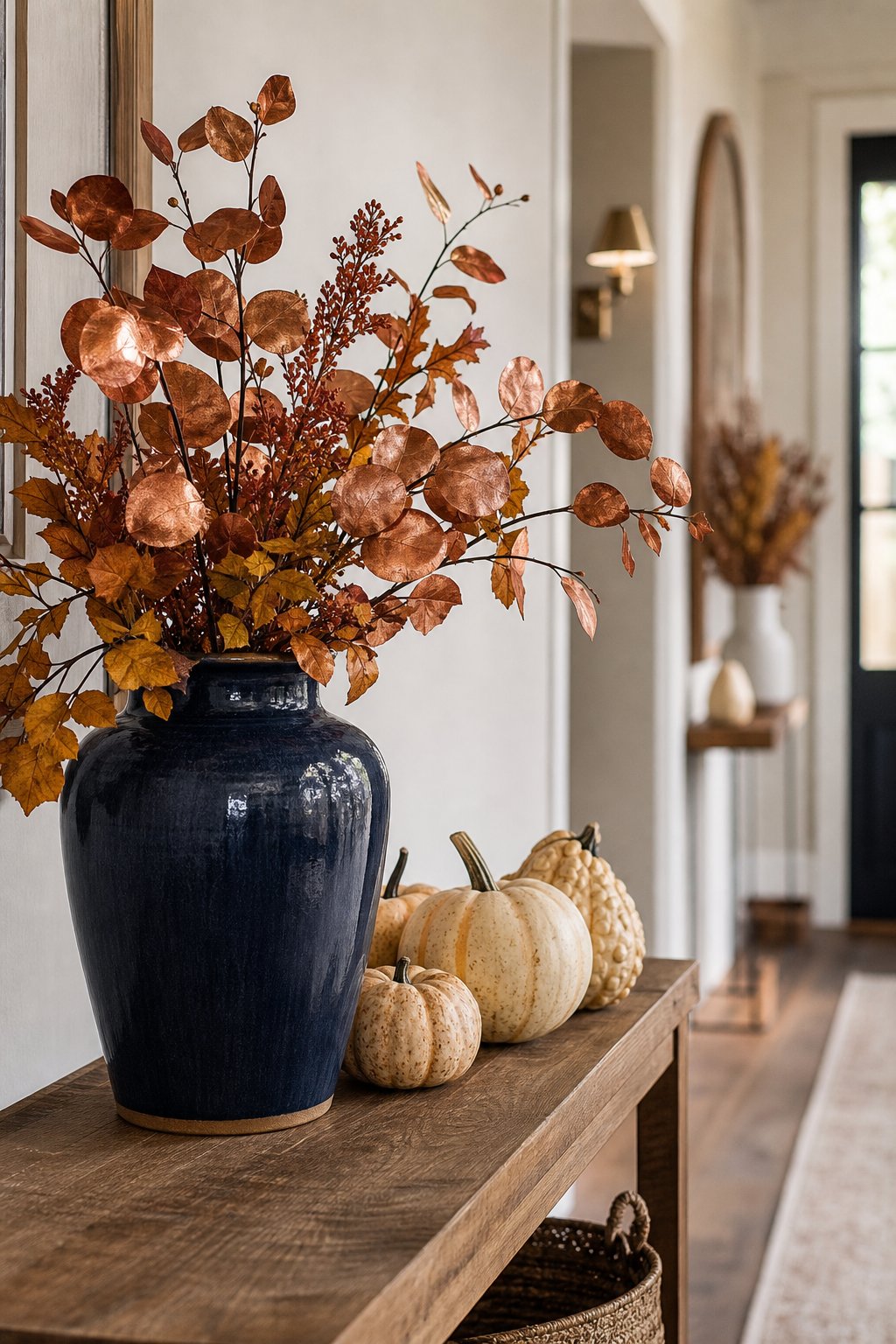 A navy blue vase with copper leaves and cream gourds on an entryway table.