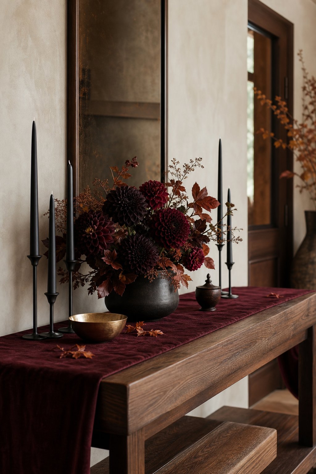An entryway table decorated with a burgundy runner, dark dahlias, black candleholders, and autumn accents.
