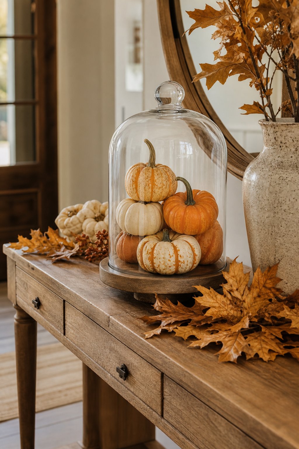 A glass cloche covering miniature pumpkins sits among oak leaves on an entryway table.