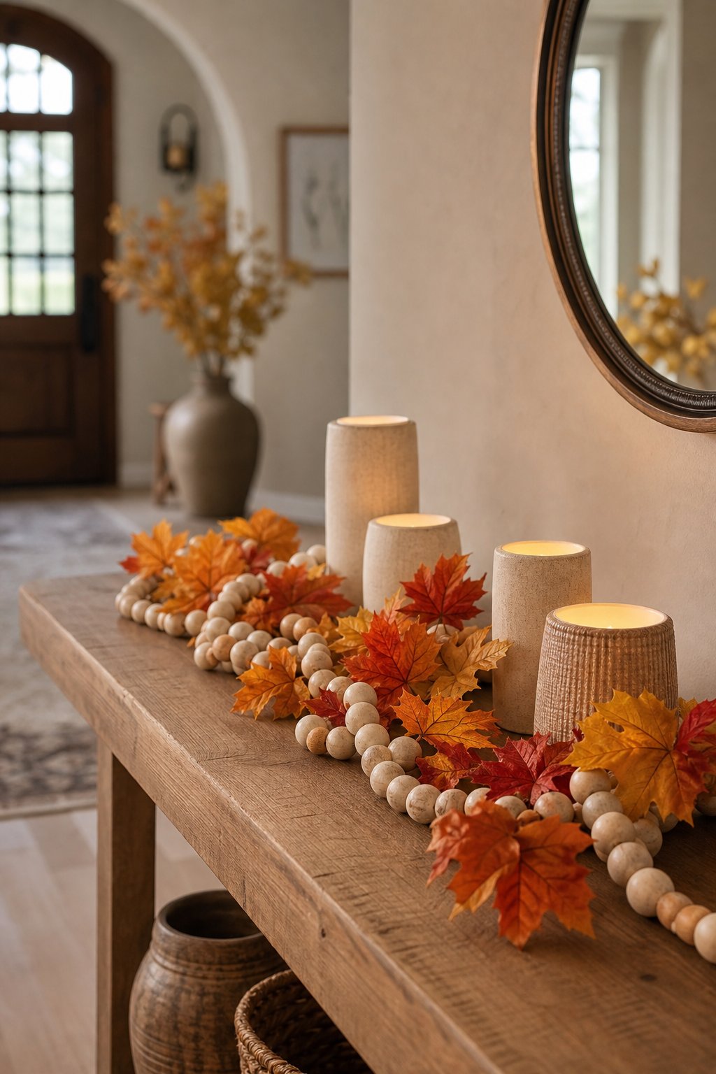 A fall entryway table decorated with a wooden bead garland, colorful maple leaves, and glowing LED candles.