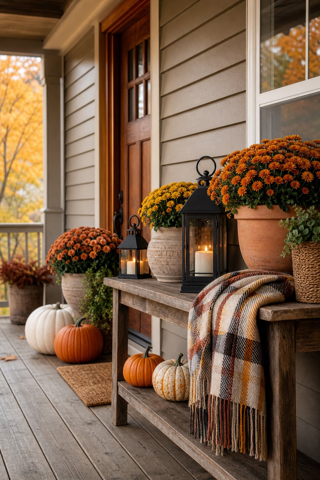 A covered porch console table decorated with potted mums, lanterns, pumpkins, and a folded plaid blanket.