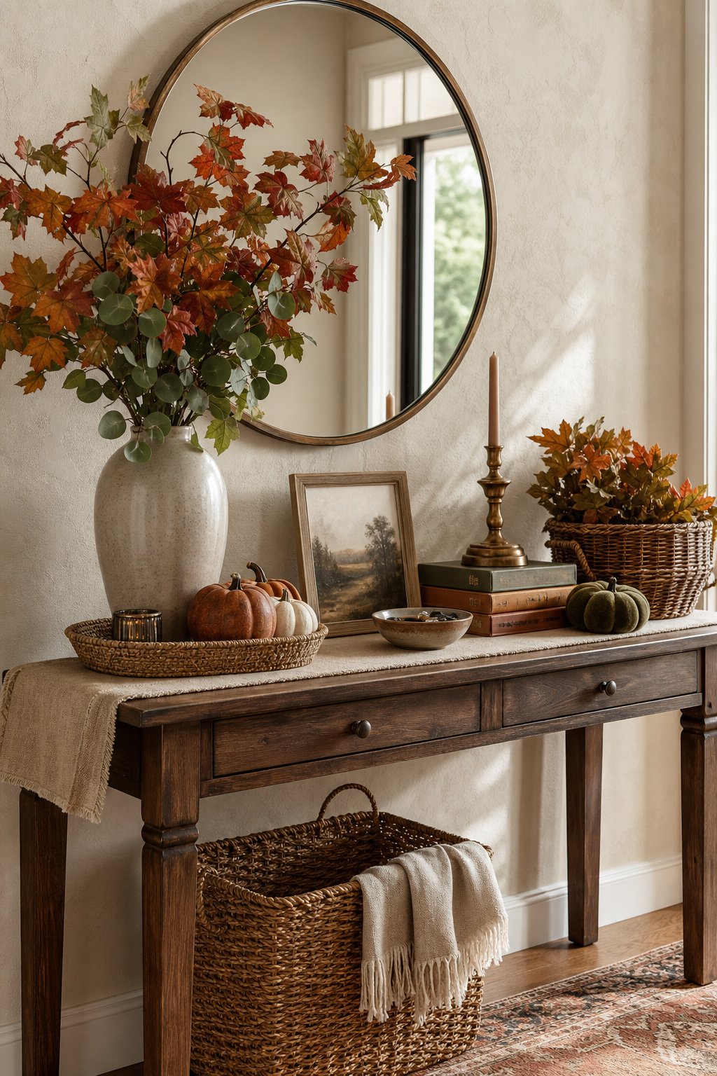 A fall-decorated entryway table with pumpkins, foliage, a mirror, candles, books, and a bowl.