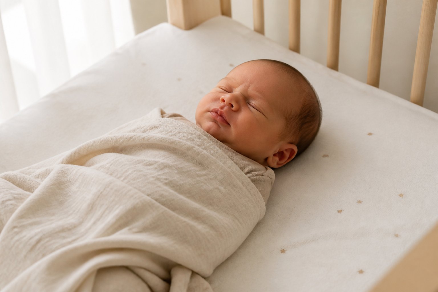 Sleeping newborn baby gently grunting while lying on their back in a crib.