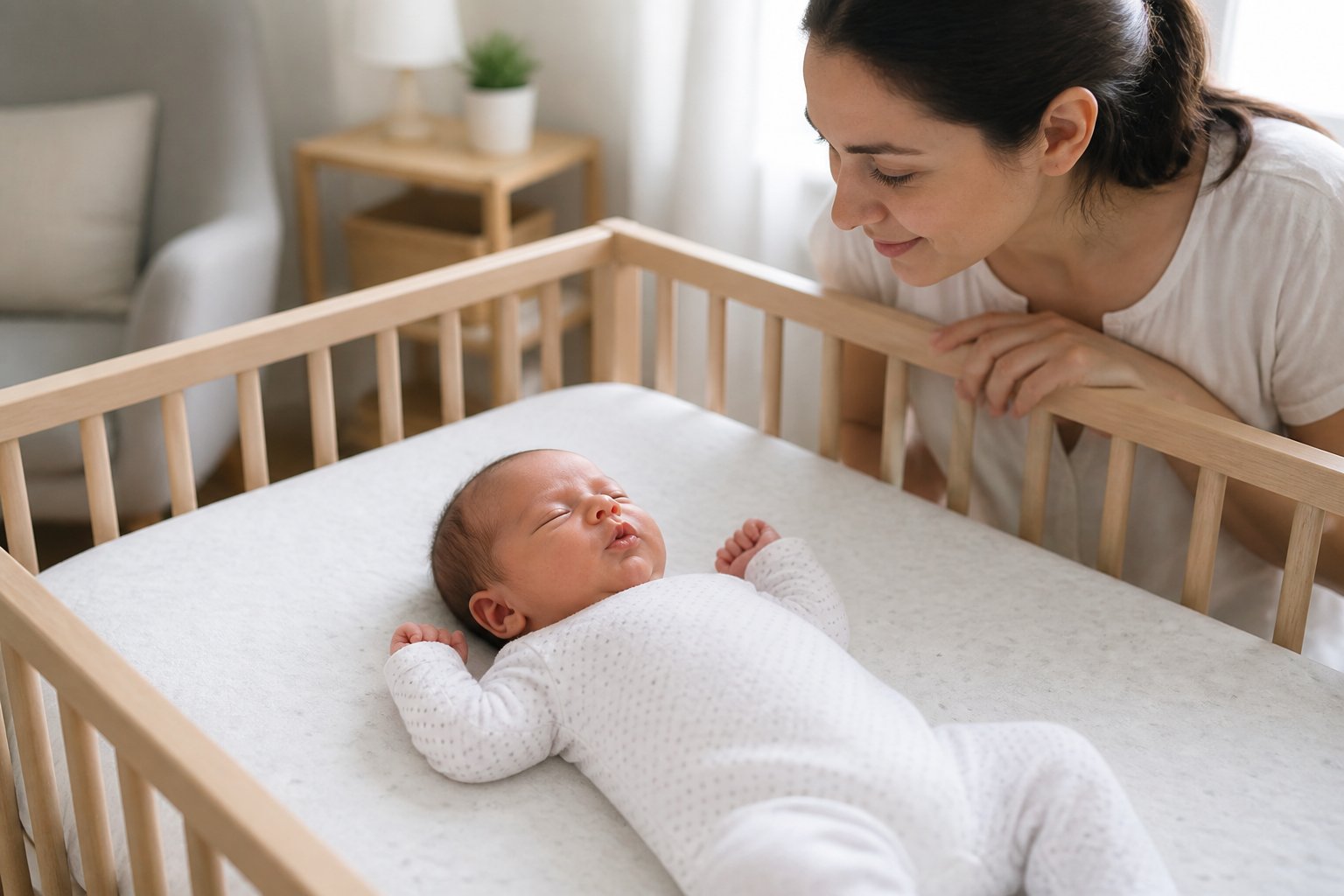 A newborn sleeps on their back in a bassinet while a caregiver watches nearby.