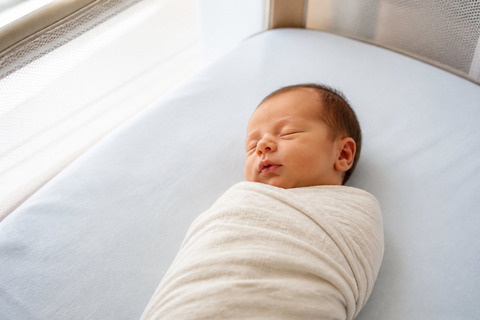 A newborn baby sleeps peacefully on their back in a softly lit bassinet.