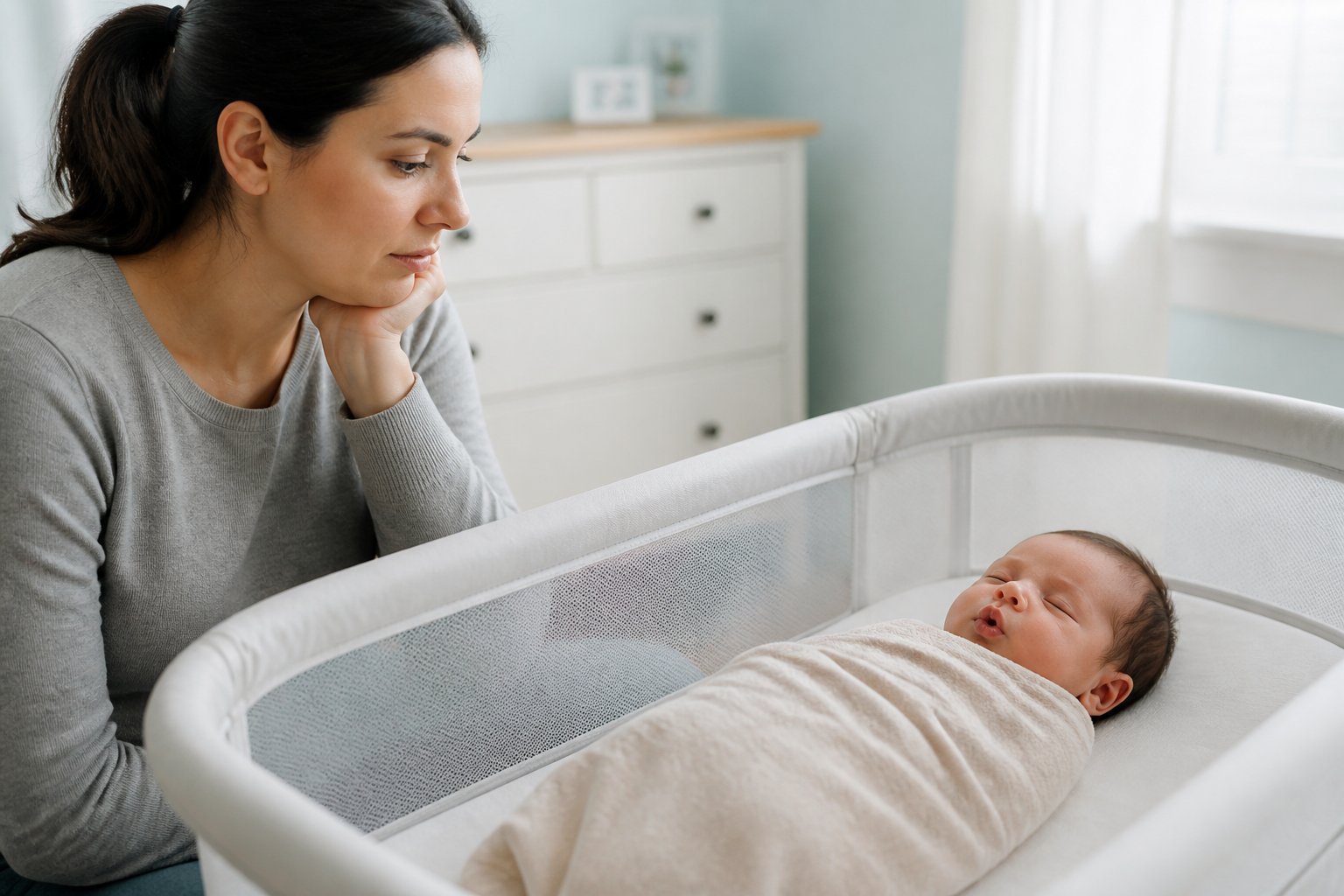 A sleeping newborn lies on their back in a bassinet while a caregiver calmly watches their breathing.