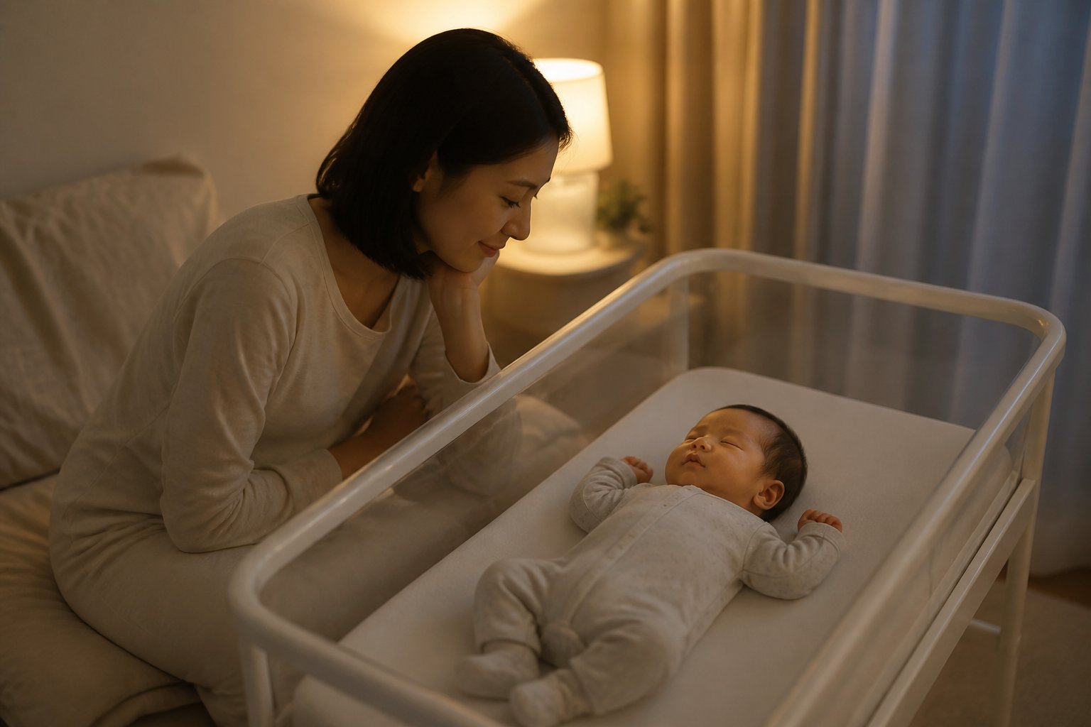 A caregiver watches over a sleeping newborn resting safely on their back in a clear bassinet.