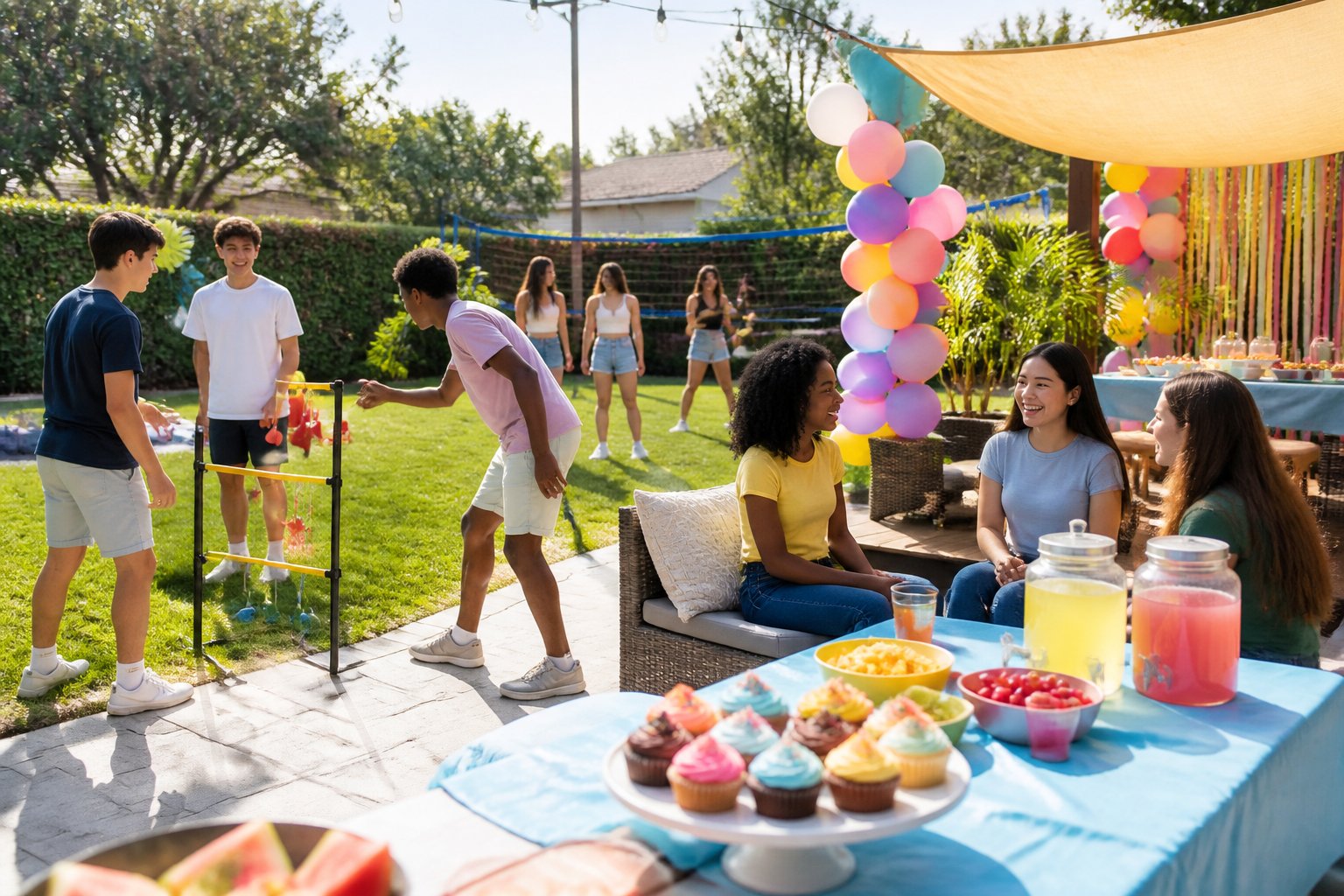 A diverse group of teenagers enjoying games, snacks, and music at a colorful outdoor backyard party.