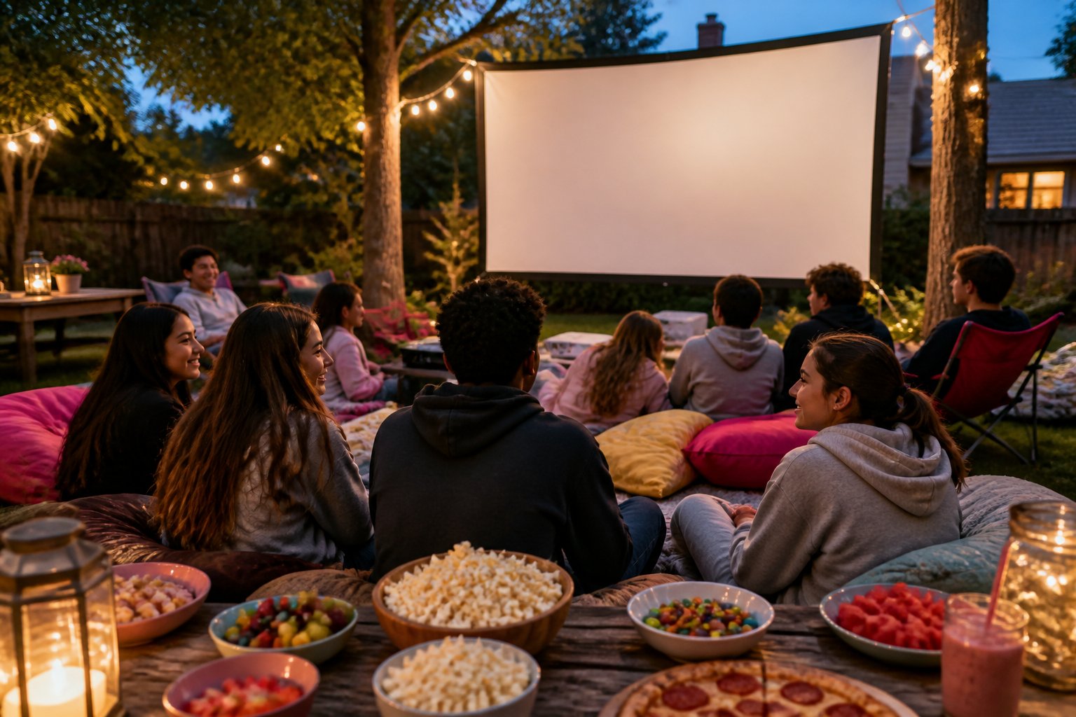 Teenagers gather in a warmly lit backyard to watch a movie on a blank outdoor projection screen.