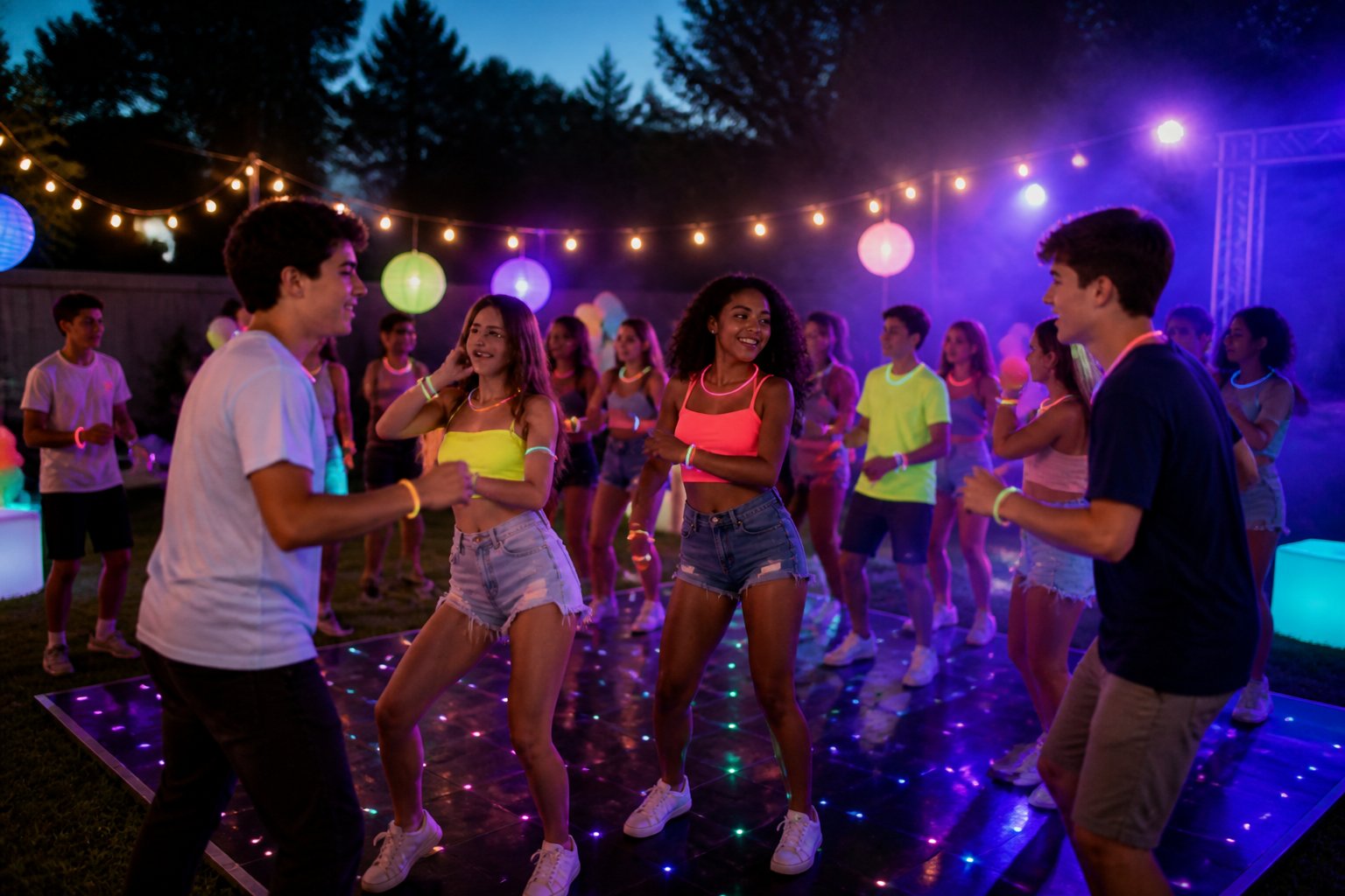 Teenagers dance together at an outdoor glow-in-the-dark party surrounded by colorful lights and glowing decorations.