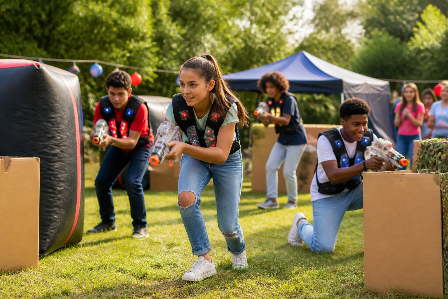 Teenagers play laser tag in a decorated grassy backyard while friends cheer nearby.