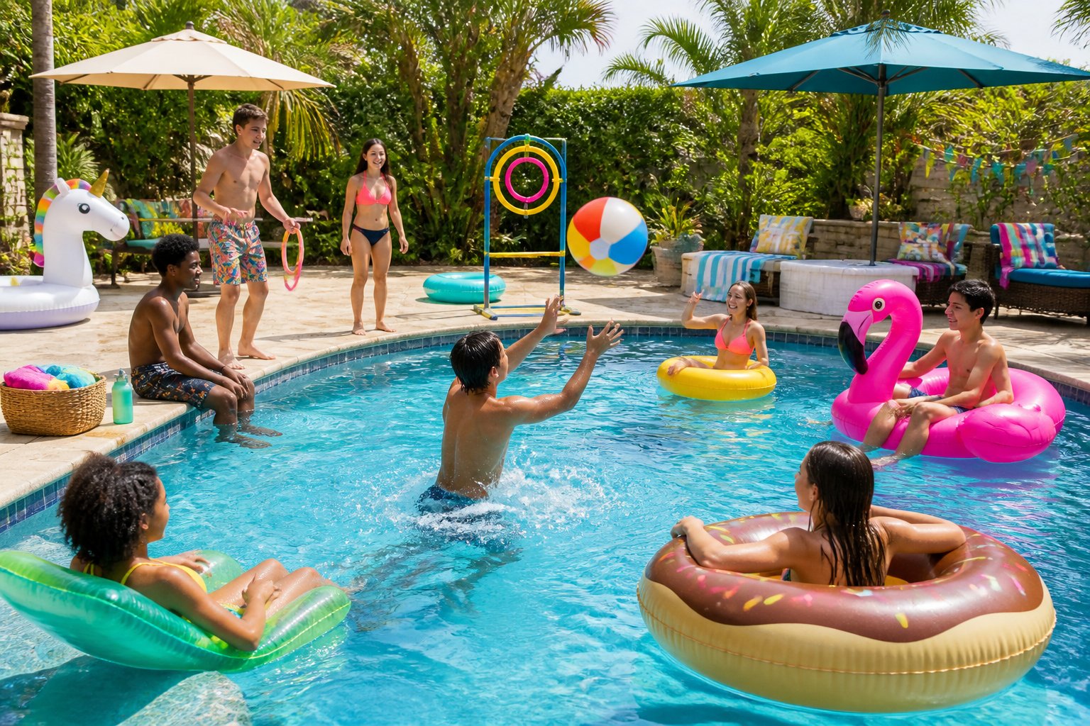 Teenagers enjoy a pool party with inflatable floats and water games in a sunny backyard.