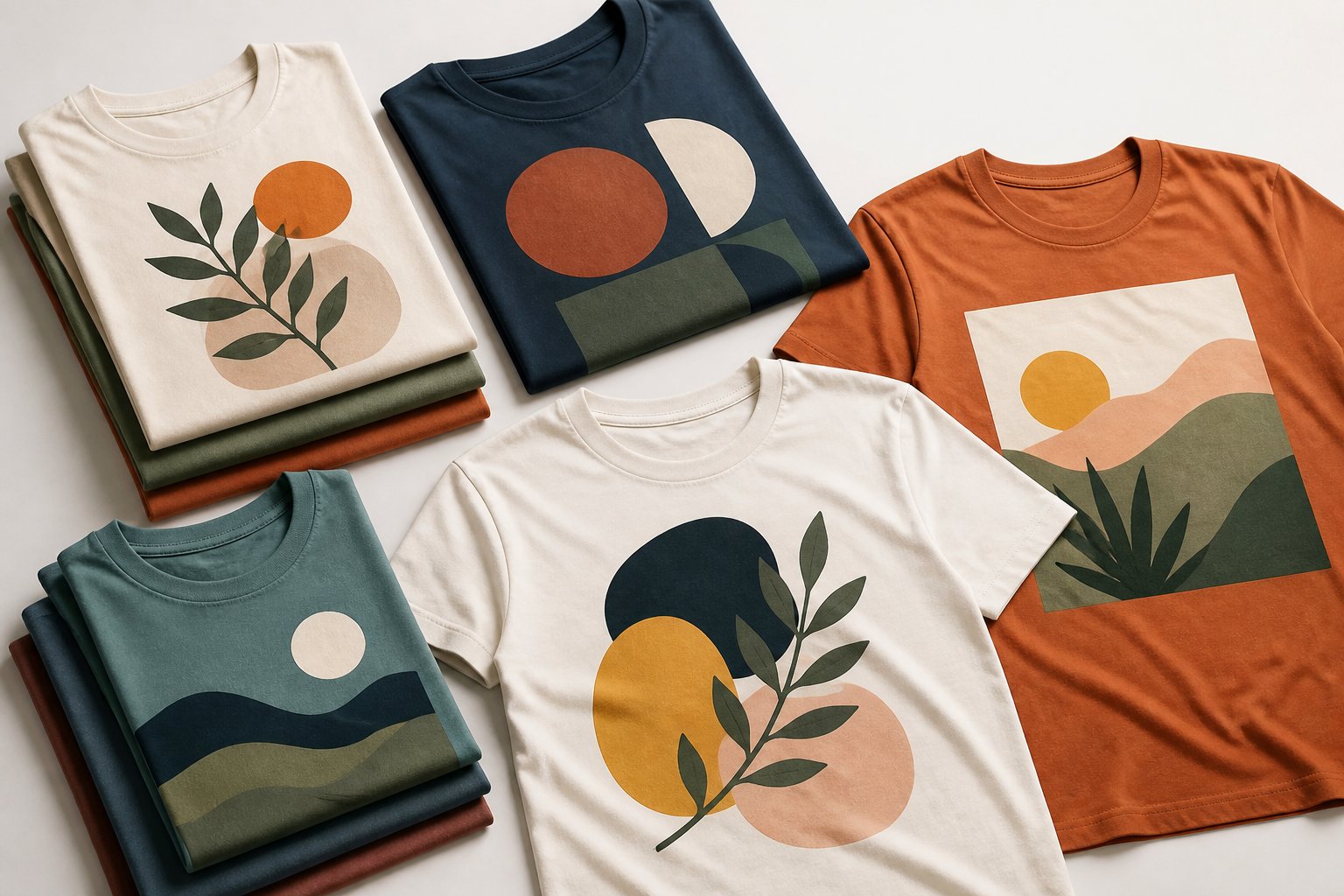 A selection of colourful graphic T-shirts arranged on a neutral surface.