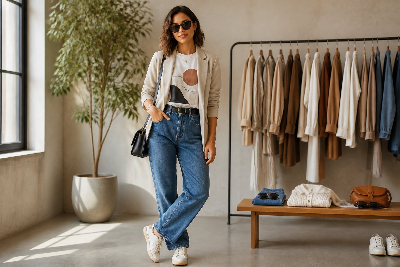 A young adult model wears a graphic T-shirt with a blazer, jeans and trainers in a bright clothing studio.