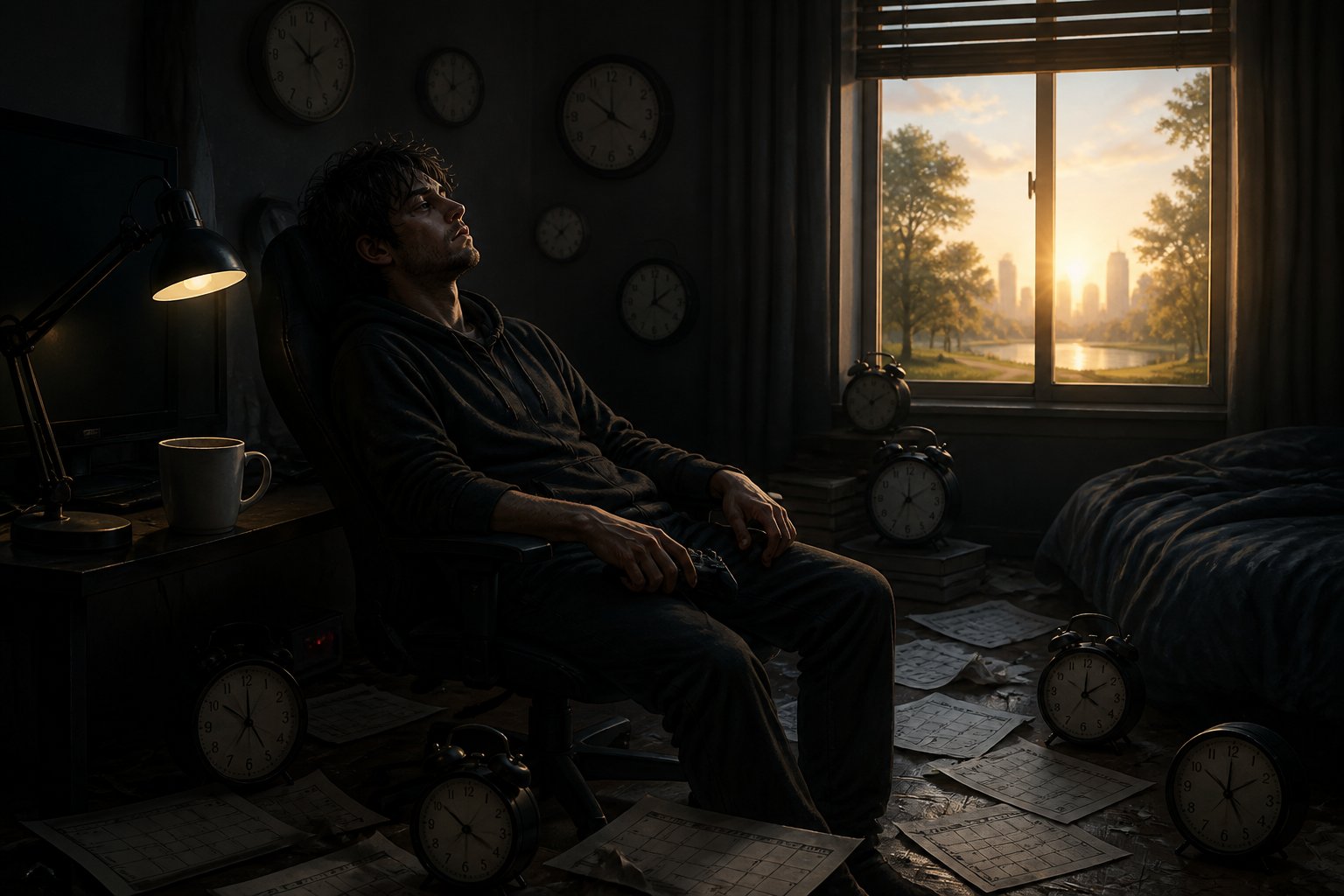 A tired gamer sits in a dark room surrounded by clocks and scattered calendar pages as dawn begins outside.