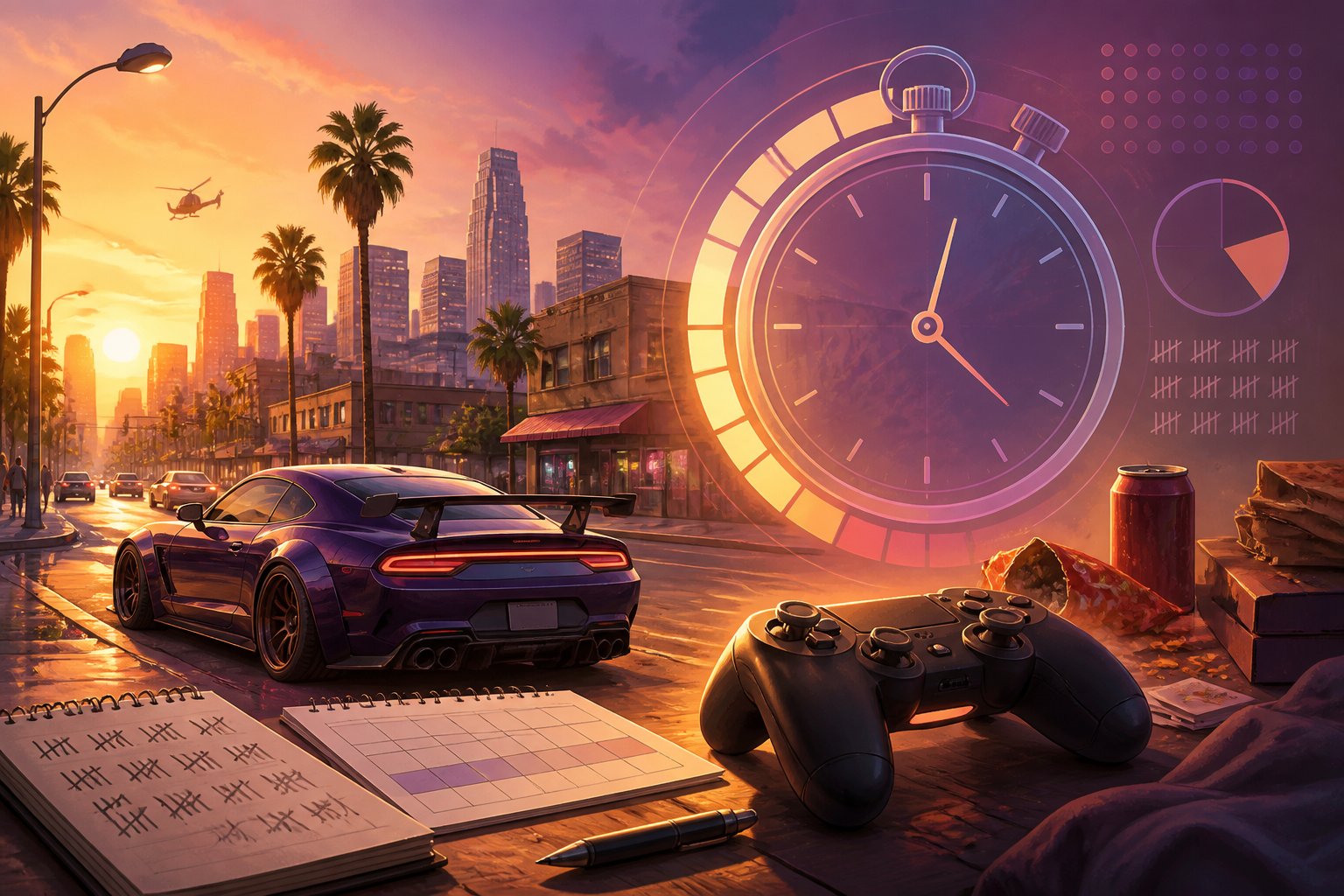 A sports car, game controller, and glowing stopwatch appear on a lively city street at sunset.