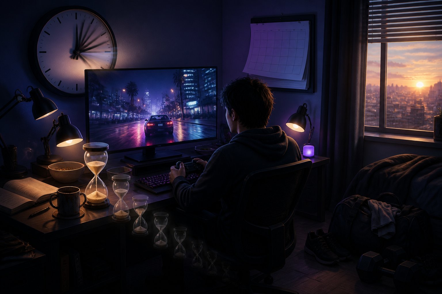 A person plays a driving video game late at night while clocks, fading hourglass sand, and neglected belongings suggest many hours passing.