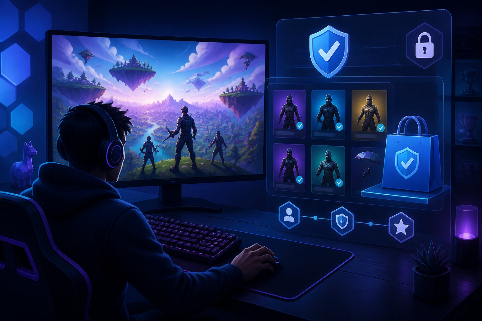 A gamer views a secure, futuristic marketplace interface beside a colorful battle-royale landscape.