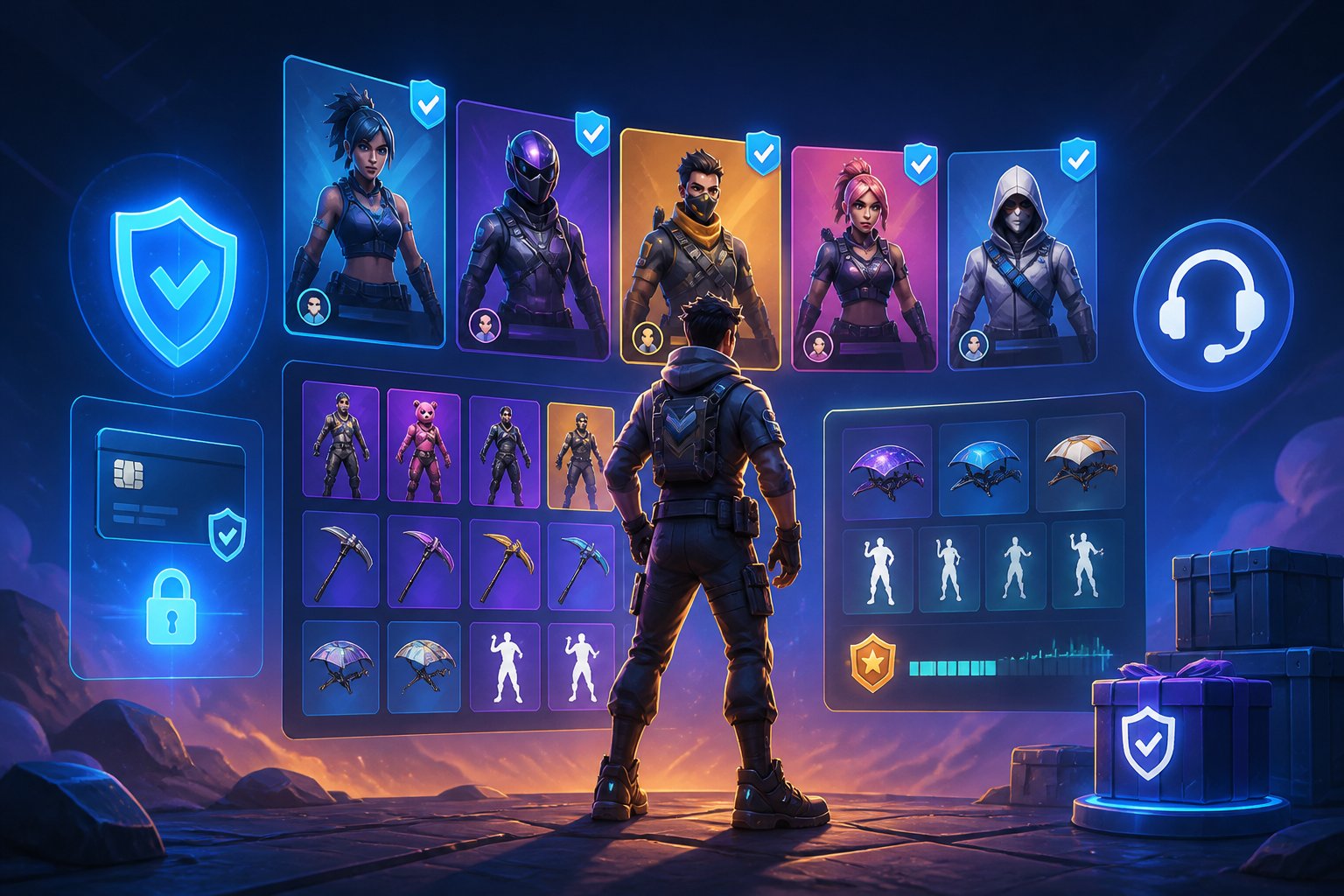 A gamer examines a selection of game account profiles and virtual items beside security and support symbols.