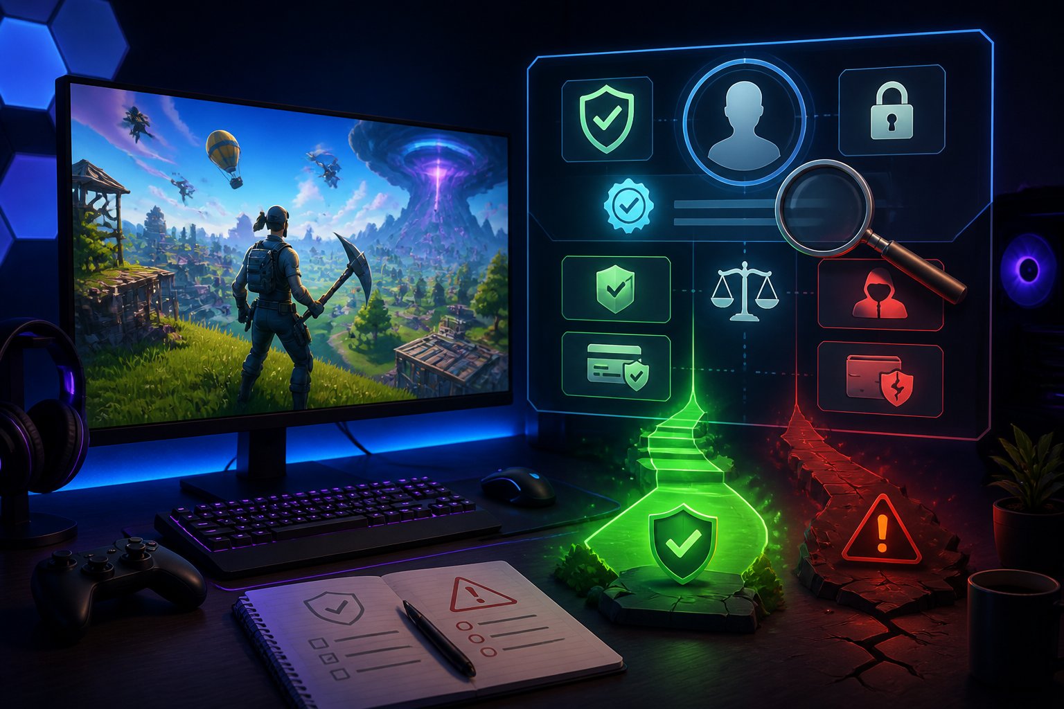A gaming desk scene showing a fictional battle royale game, account verification symbols, security locks, and warning icons.