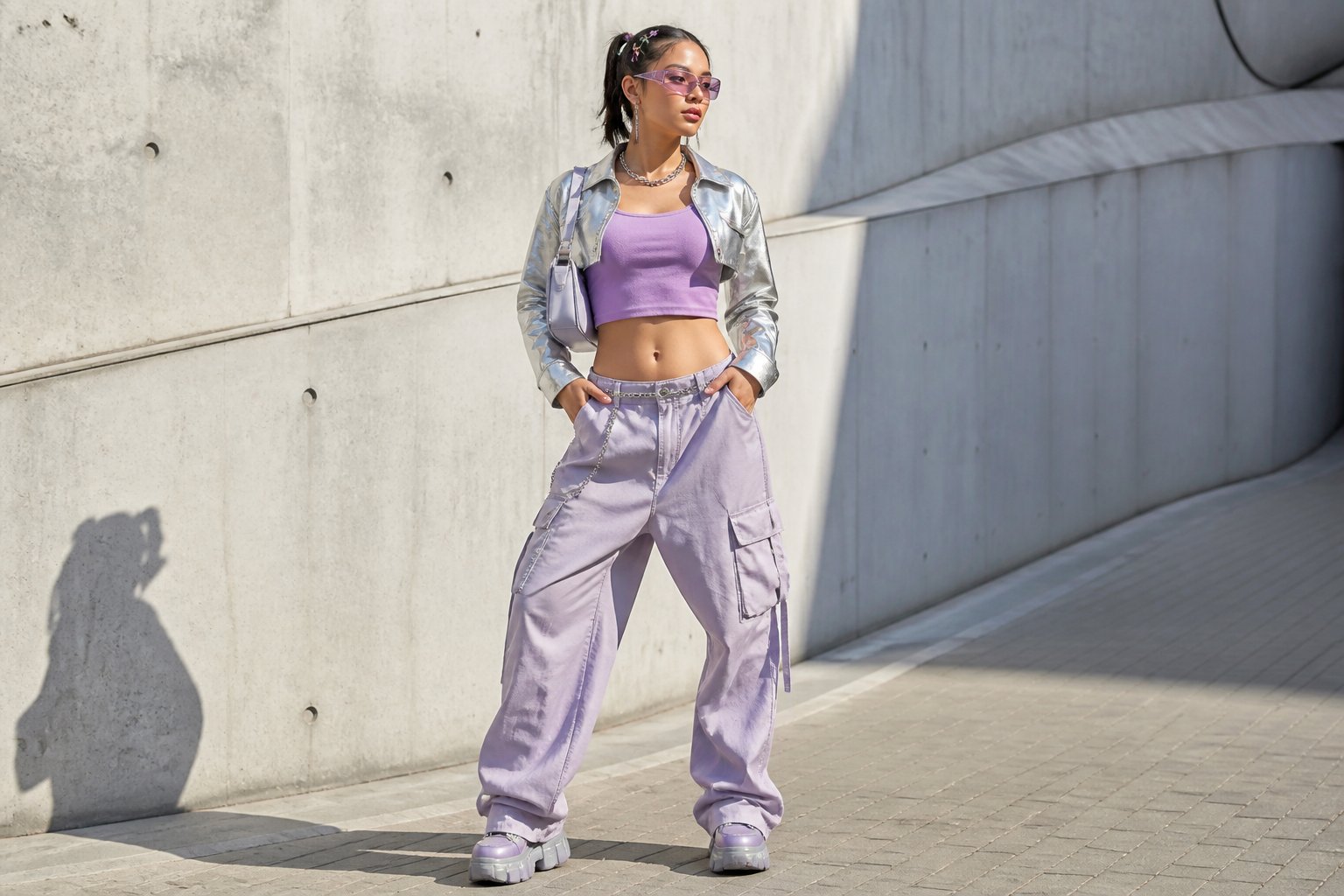 A young adult wearing colourful early-2000s-inspired clothing and accessories in an urban setting.